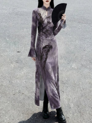 Purple ink-wash qipao styled with a black fan