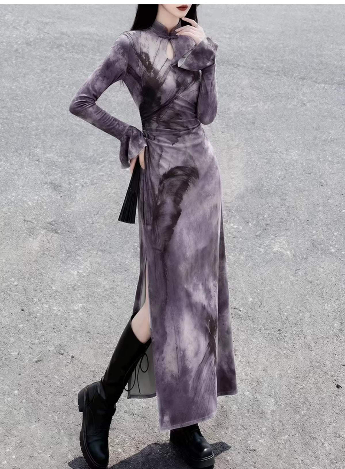 Purple knit cheongsam fitted waist and side view