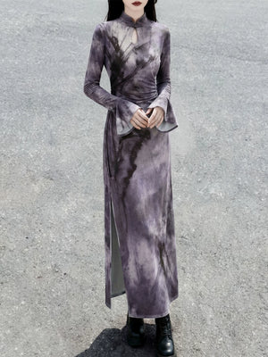 Purple knit cheongsam front view with hands at waist