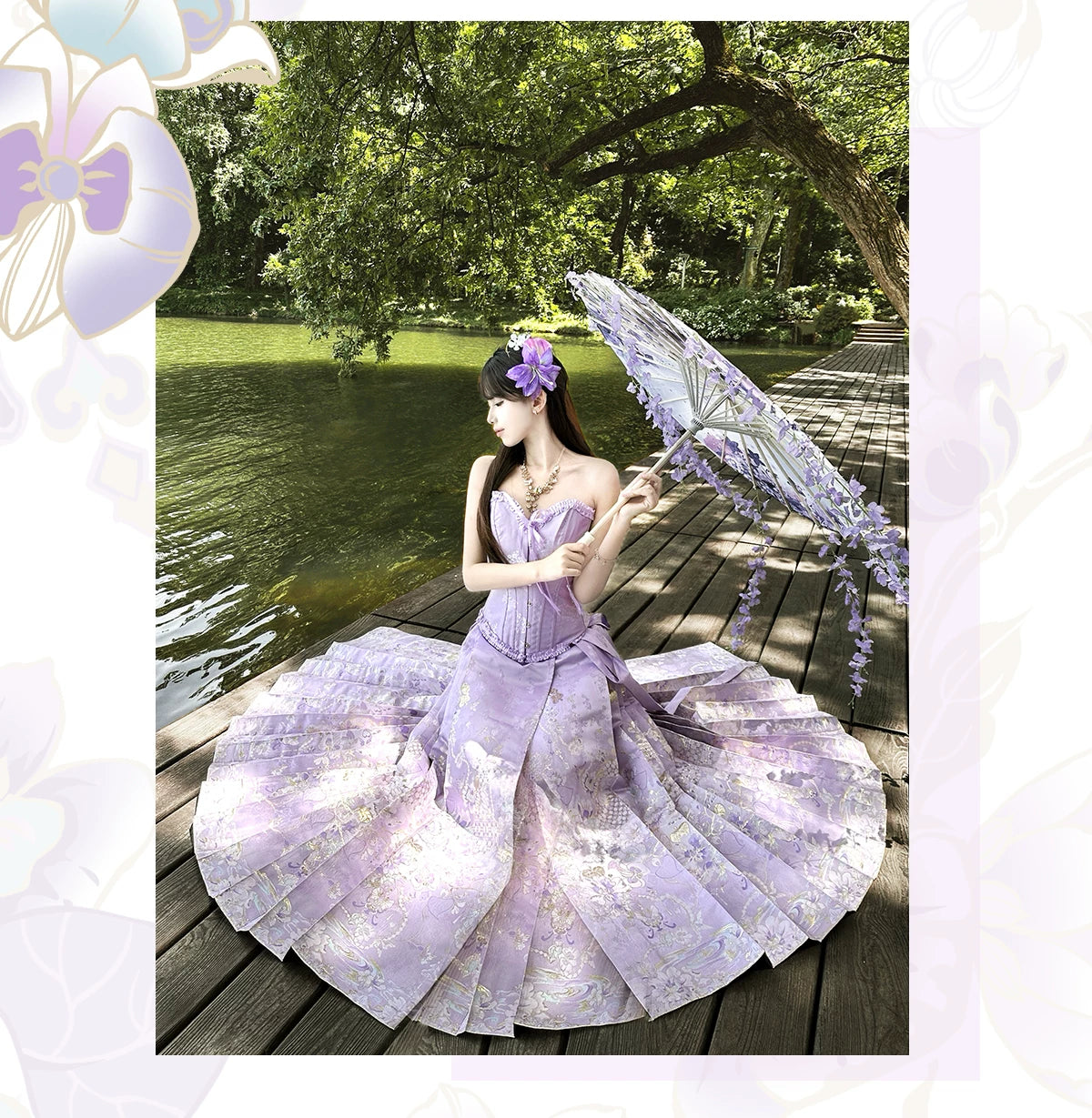 Purple pleated mamian skirt beside a garden pond