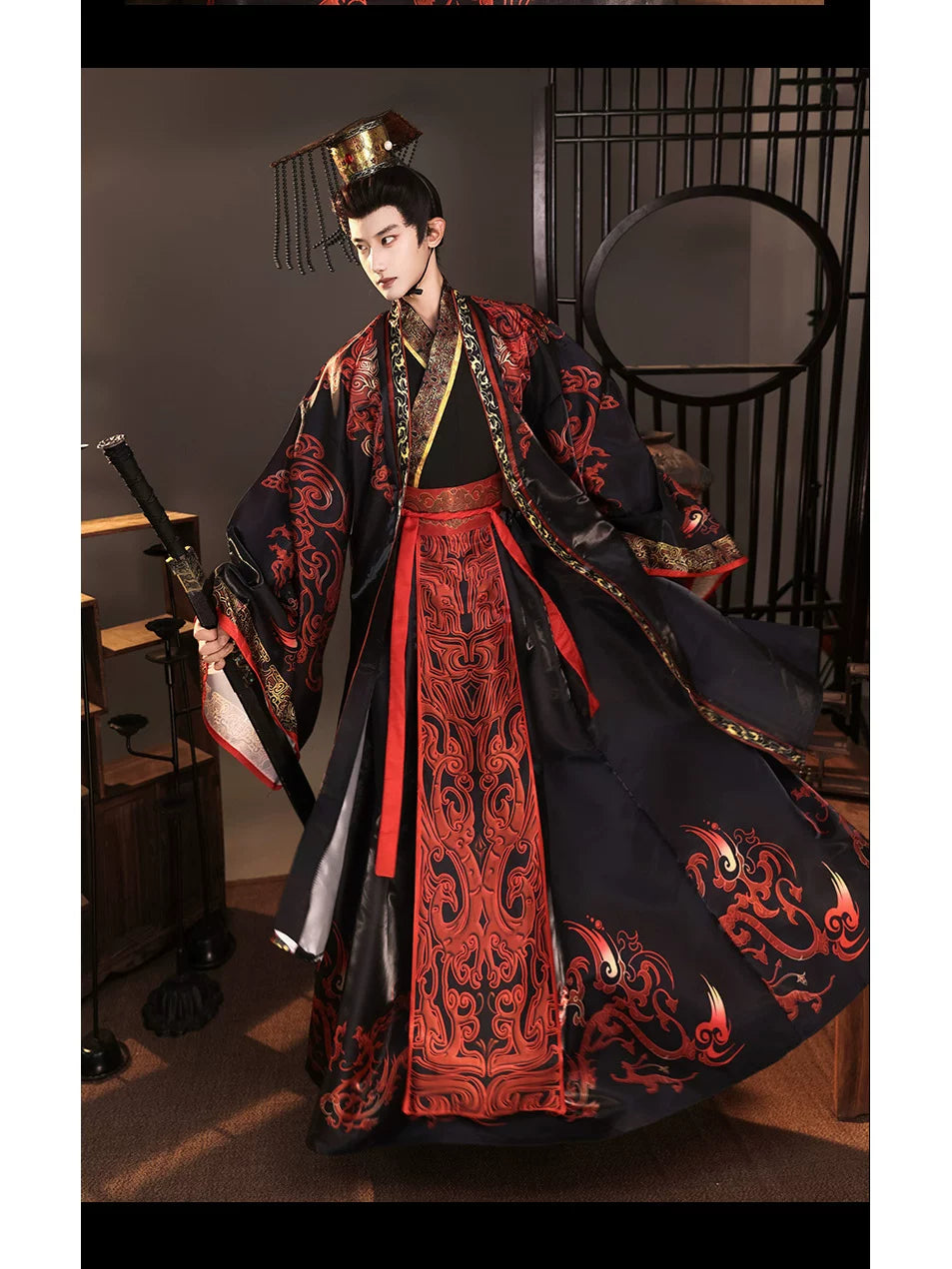 Qin-inspired black and red emperor Hanfu costume with dragon motifs and a crown, front view