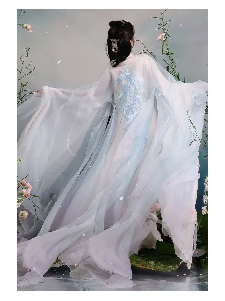 Rear view of pale blue Hanfu outer layers