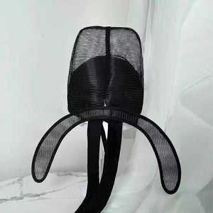 Rear view of the scholar hat with removable wings and ribbons