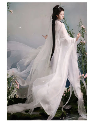 Rear view of the white flowing Hanfu robe
