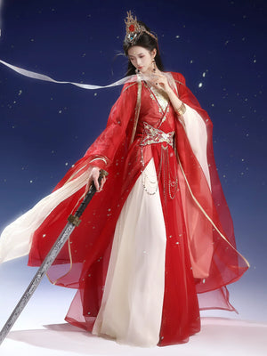 Red and ivory five-piece Hanfu outfit with flowing sleeves