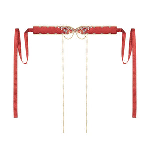Red decorative Hanfu waist belt displayed flat with long ties and hanging chains