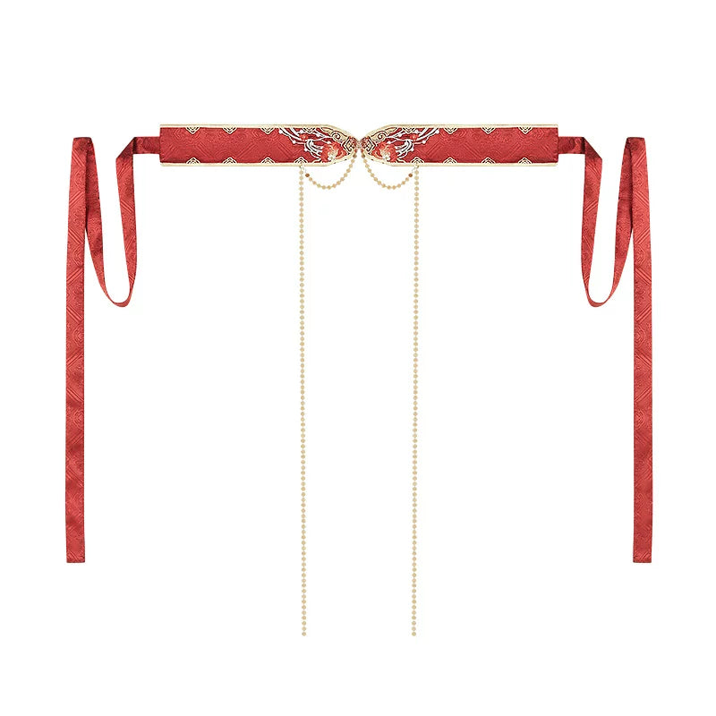 Red decorative Hanfu waist belt displayed flat with long ties and hanging chains
