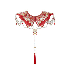 Red floral Hanfu cloud collar with bead chains and a red tassel pendant