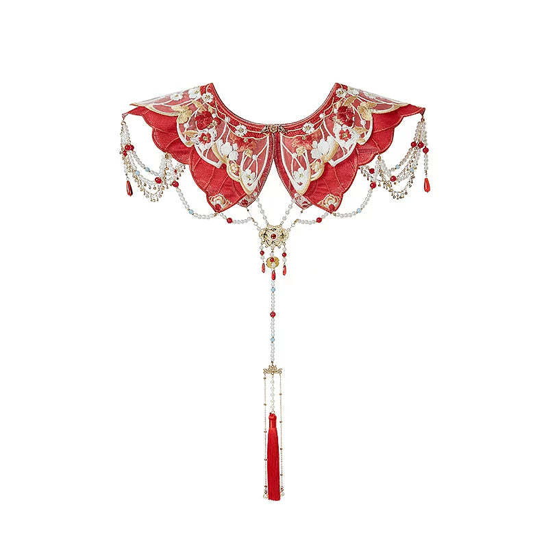 Red floral Hanfu cloud collar with bead chains and a red tassel pendant