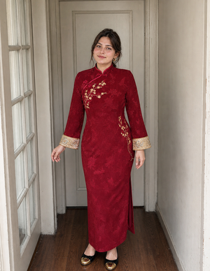 Red Gold plus size qipao natural doorway front view on Western model