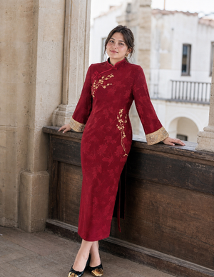 Red Gold plus size qipao natural terrace full view on Western model