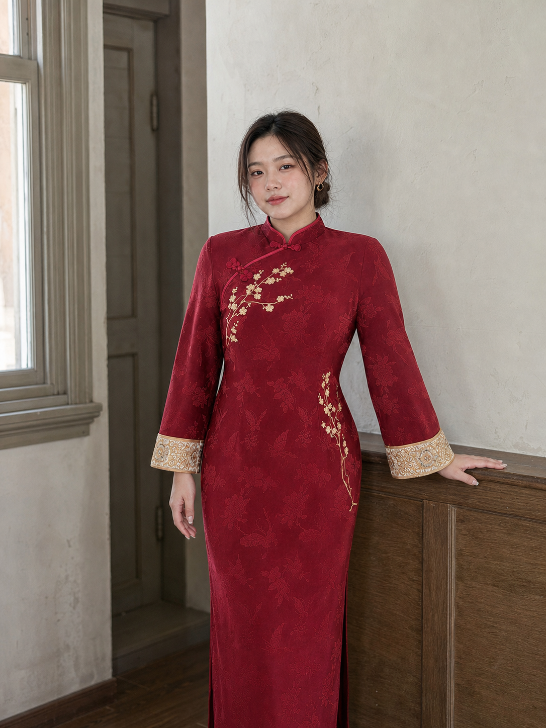 Red Gold plus size qipao natural window front view on East Asian model