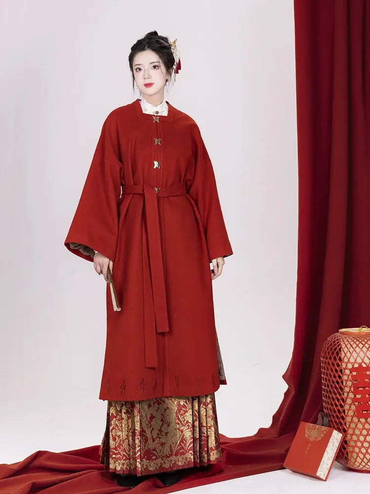 Red silk hanfu dress for women inspired by Song Dynasty, with traditional hanfu coat and jacket. Perfect for Chinese New Year, winter hanfu, graduations, hanfu cosplay, and casual wear. This red modern hanfu combines traditional and modern Chinese clothing styles, available for sale at hanfu shops and online stores. Ideal choice for hanfu women looking for elegant and versatile Chinese clothing