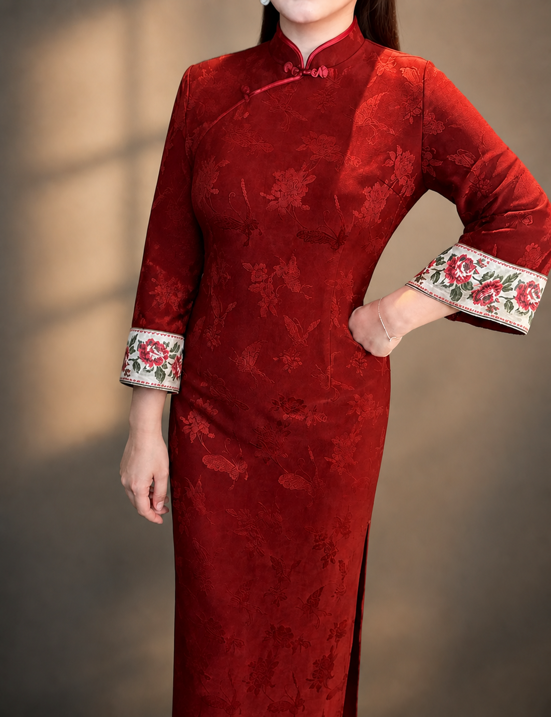 Red Wall Butterfly qipao collar, frog closure, jacquard and embroidered cuff detail