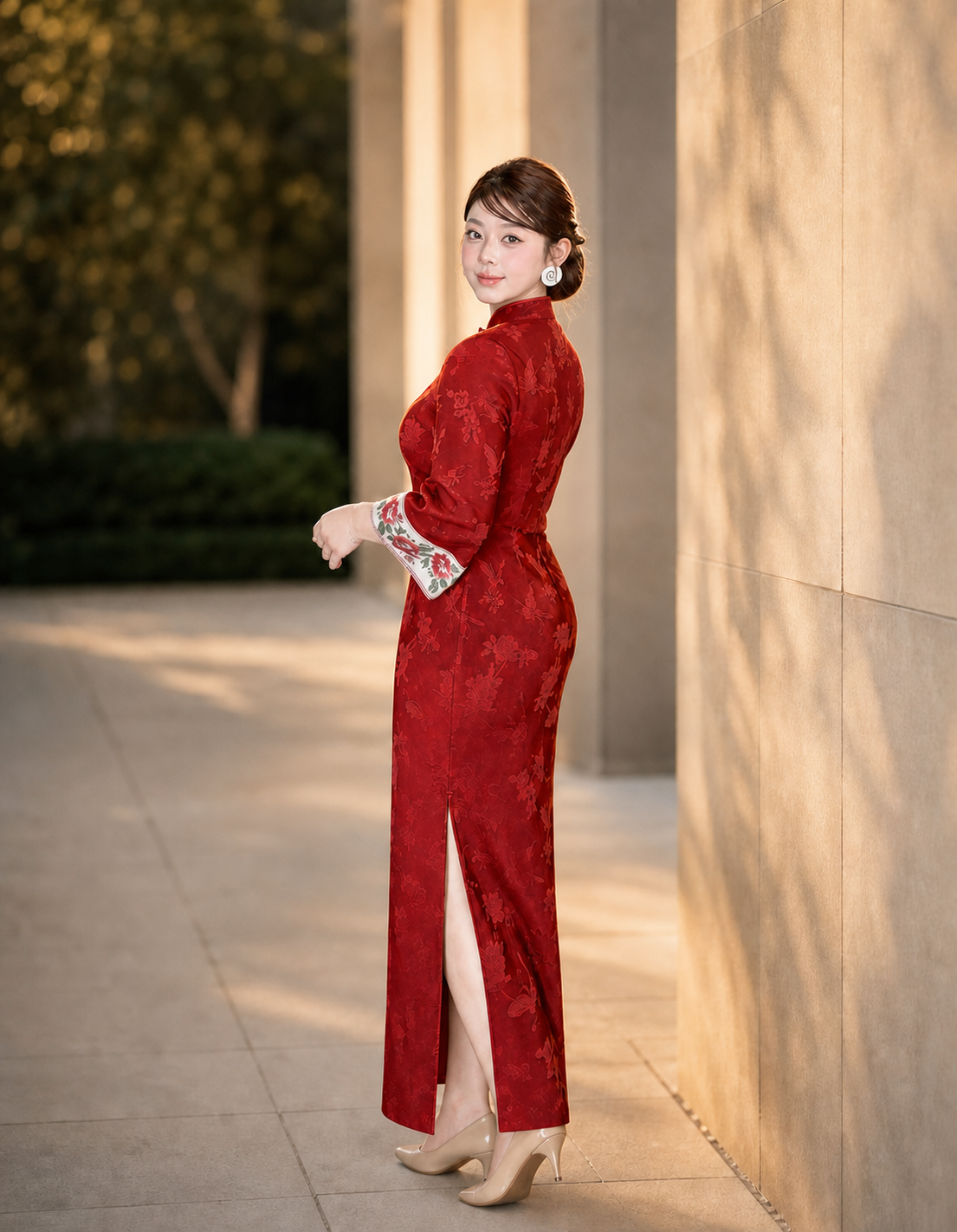 Red Wall Butterfly plus size qipao side and back fit with slit