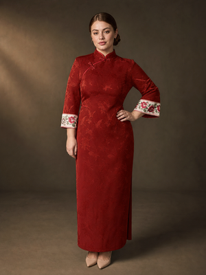 Red Wall Butterfly plus size qipao on Western model, full front studio view
