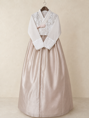Ivory floral lace jeogori and champagne blush chima rental set hanging product view