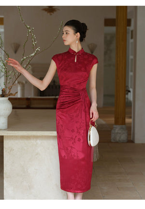 Silhouette and fit view of the Ruby Red acetate jacquard pleated qipao dress, a contemporary modern red qipao dress.