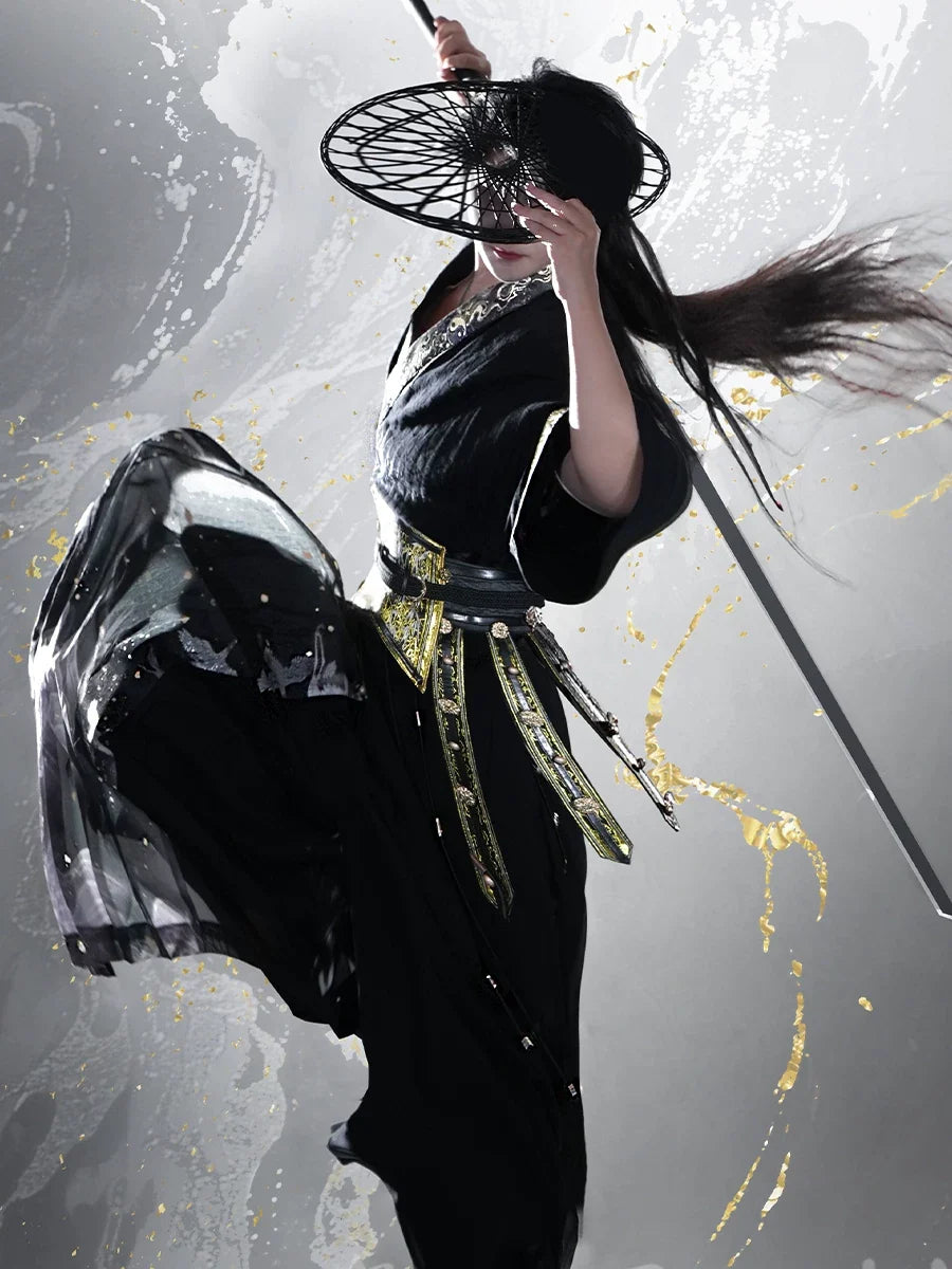 Ruthless Dao modern Hanfu black white Tai Chi outfit with shirt and mamian pants