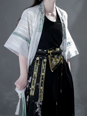 Black and gold modern Hanfu half arm shirt with mamian wide leg pants