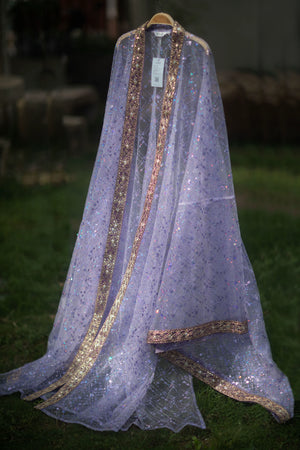 Purple sequin Hanfu robe displayed alone on a hanger with contrasting gold-tone trim