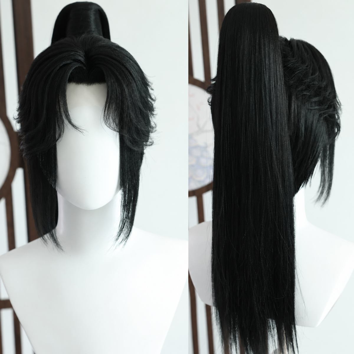 Shaodongjia black cosplay wig, long ponytail front back