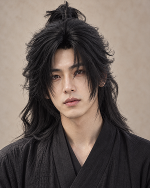 AI-generated styling preview of the shaodongjia wolf cut wig worn by a model, studio portrait.