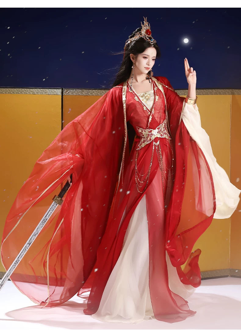 Side pose showing the red Hanfu silhouette