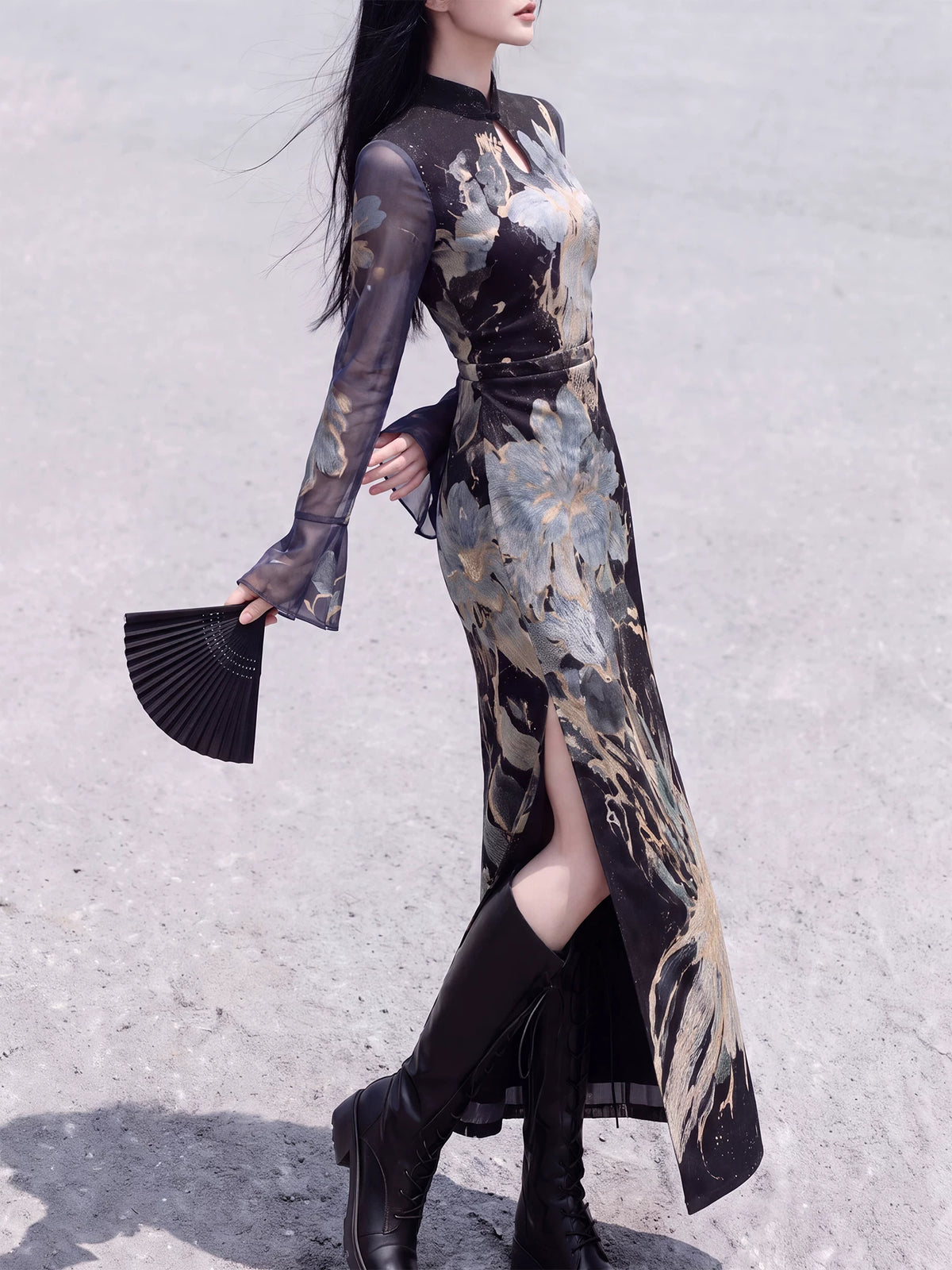Side view of the black floral cheongsam showing its fitted waist