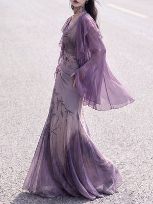 Side view of the purple bamboo dress and flowing chiffon cardigan
