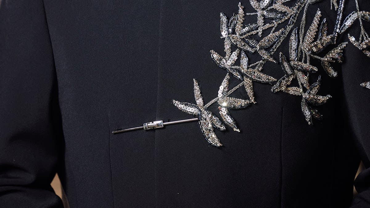 Close-up of silver bamboo beading and metal clasp