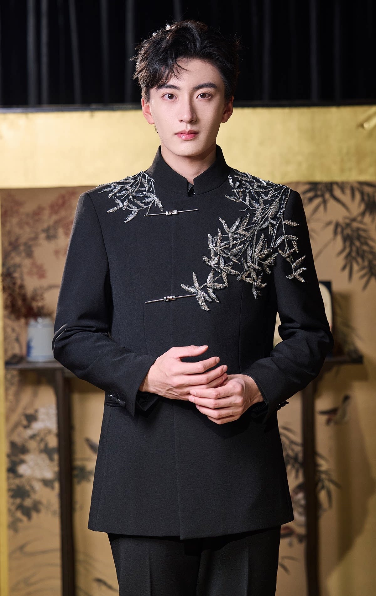 Silver Bamboo Black Chinese Groom Suit — Front view showing shoulder embroidery and closures
