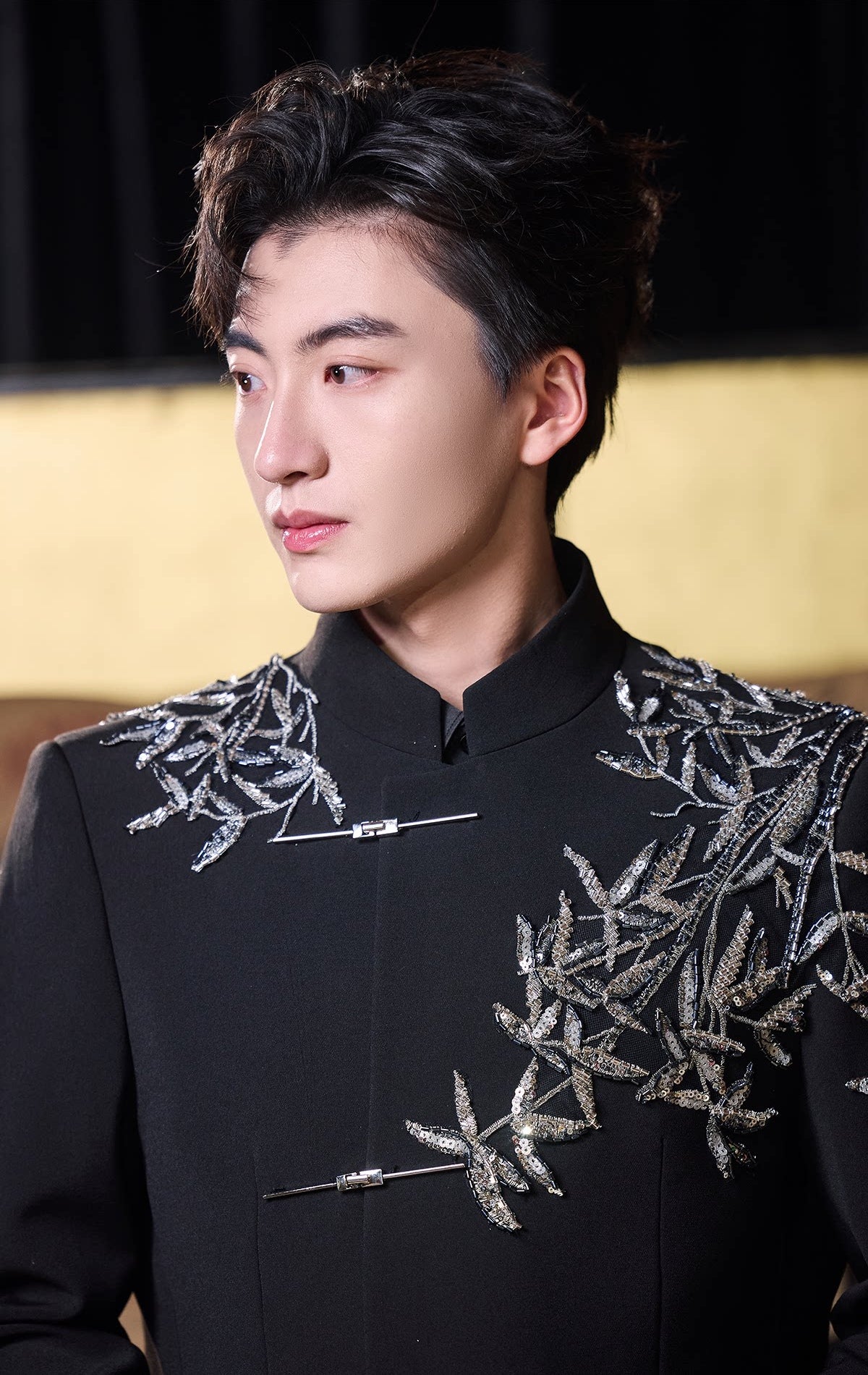 Silver Bamboo Black Chinese Groom Suit — Portrait showing collar and silver bamboo details