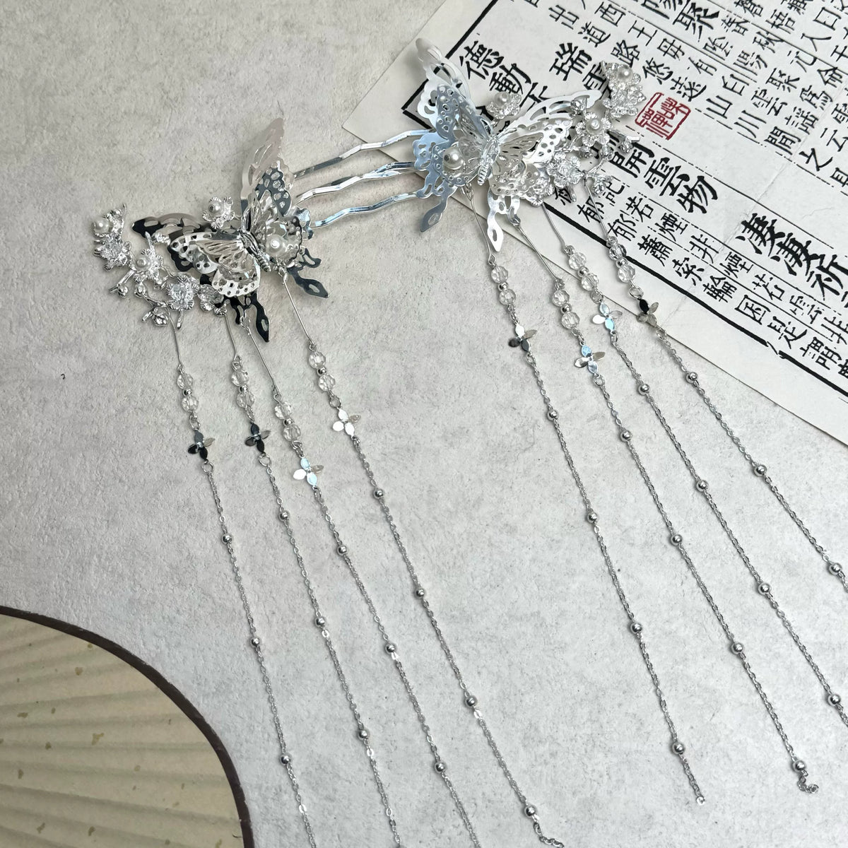 Pair of silver-tone long tassel hairpins