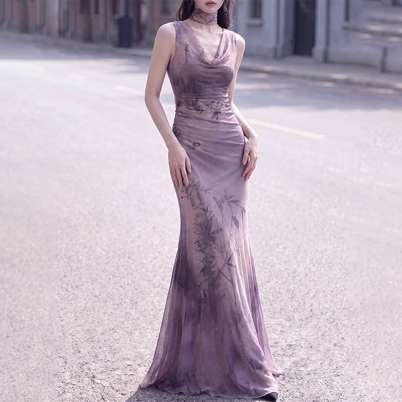 Sleeveless purple bamboo print knit dress shown without the cardigan