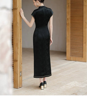 Silhouette and fit view of the Smoke-Ink black acetate embroidered long qipao dress, a contemporary black qipao dress.