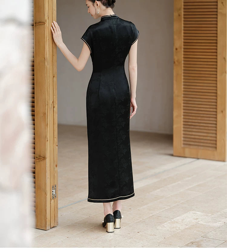 Silhouette and fit view of the Smoke-Ink black acetate embroidered long qipao dress, a contemporary black qipao dress.