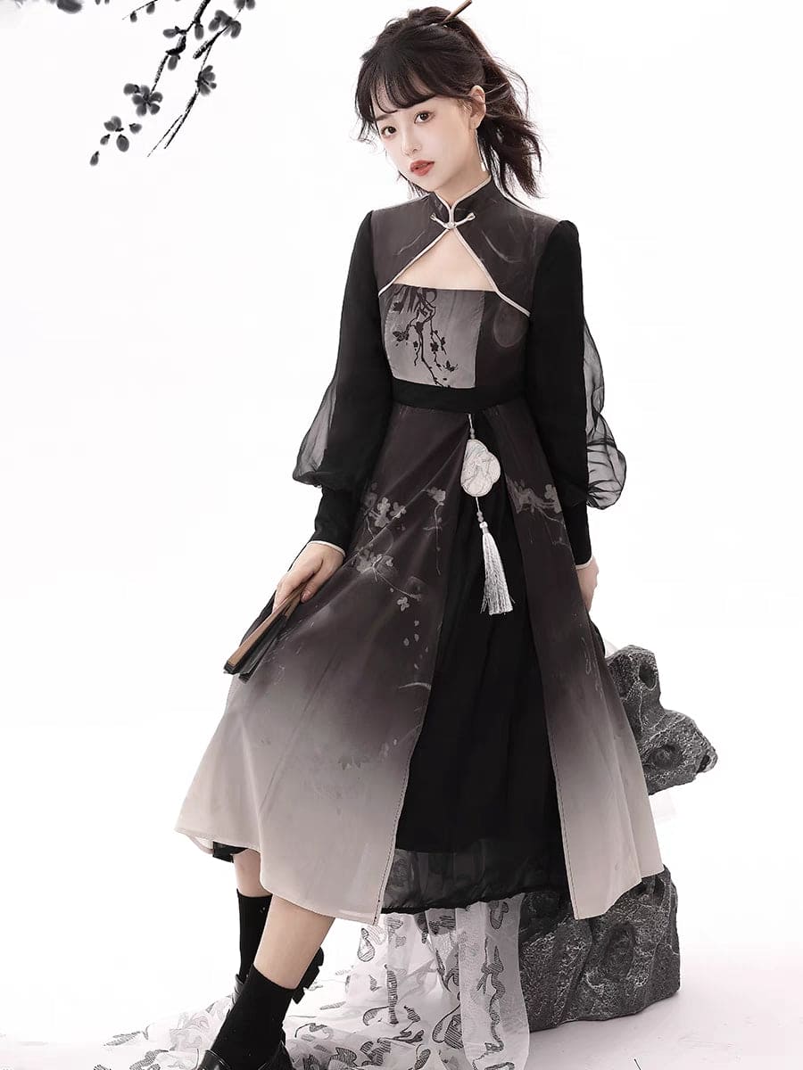 Modern Chinese woman dressed in black and white Bamboo pattern Hanfu dress, showing a perfect blend of traditional Hanfu patterns and modern Chinese clothing style. This Princess style Hanfu dress for females, which includes a Hanfu skirt, represents various types of Hanfu. The model is wearing a casual yet modernized Hanfu dress. You can buy this versatile and modern Hanfu dress from our Hanfu store or Amazon