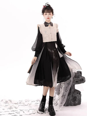 Modern Chinese woman dressed in black and white Bamboo pattern Hanfu dress, showing a perfect blend of traditional Hanfu patterns and modern Chinese clothing style. This Princess style Hanfu dress for females, which includes a Hanfu skirt, represents various types of Hanfu. The model is wearing a casual yet modernized Hanfu dress. You can buy this versatile and modern Hanfu dress from our Hanfu store or Amazon