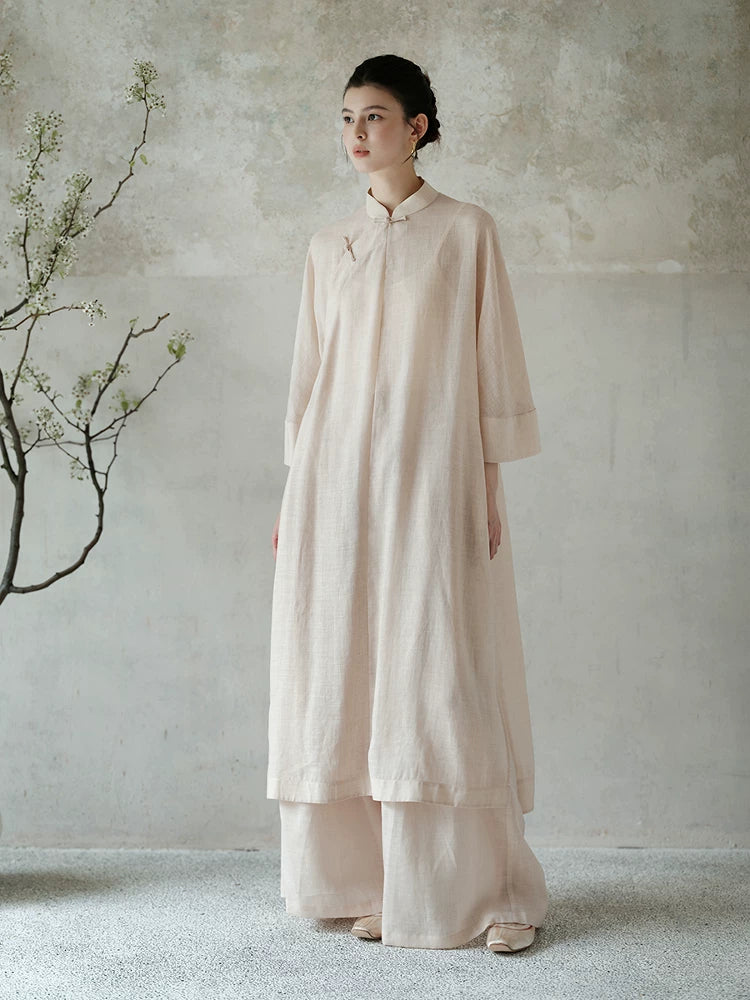 Front styling view of the Tea Beige ramie long top and wide-leg pants set, with breathable ramie layers, relaxed long top and fluid wide-leg trousers.