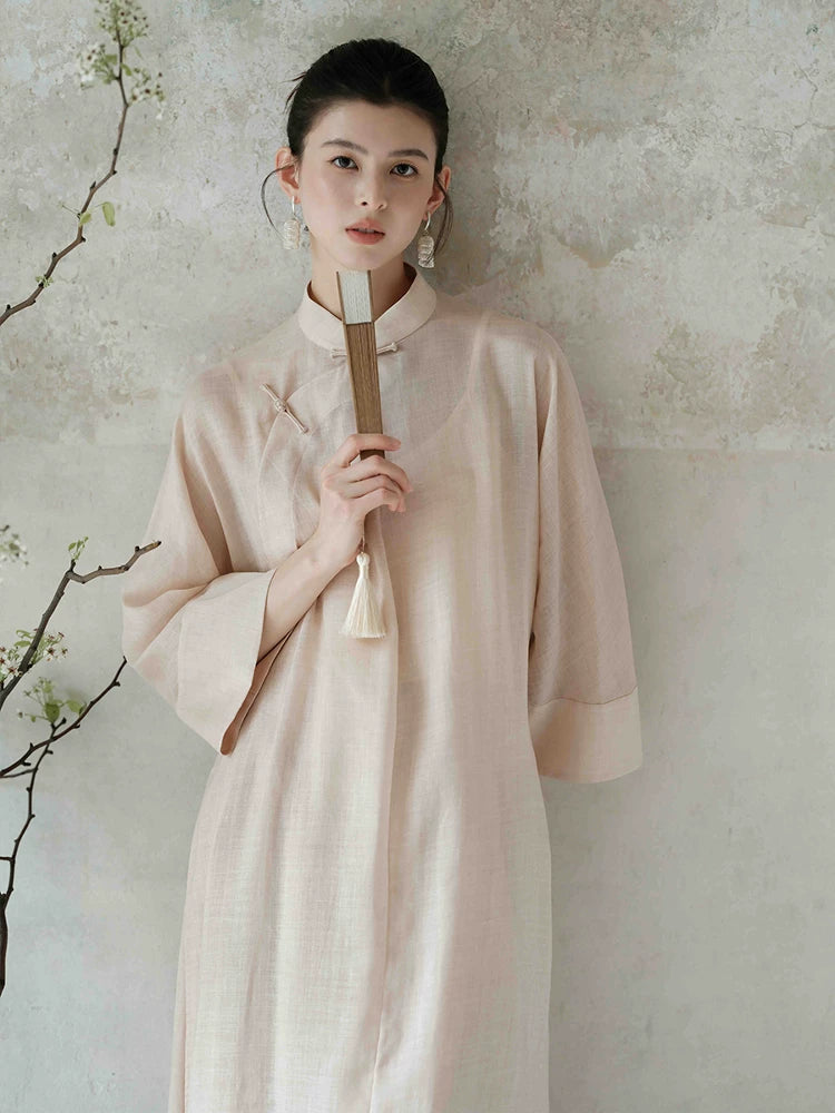 Three-quarter product view of the Tea Beige ramie long top and wide-leg pants set, a refined New Chinese Style outfit for elegant occasions.