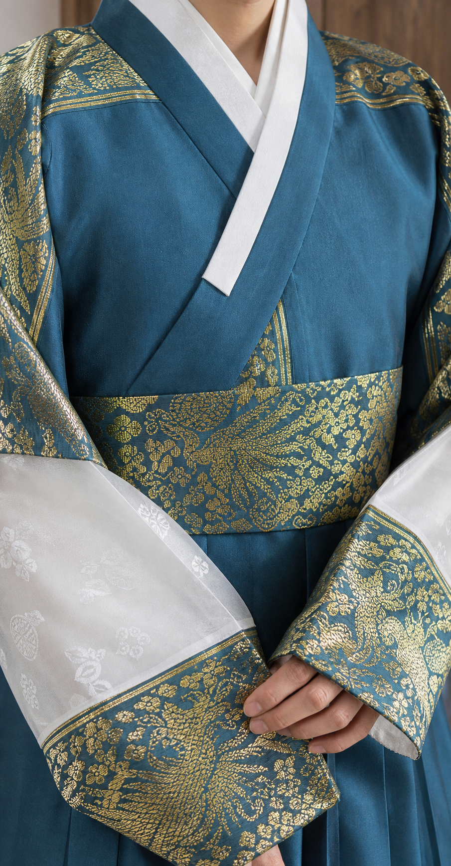 Teal blue gold men's Korean hanbok gold brocade collar belt and sleeve detail