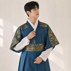 Teal blue gold men's Korean hanbok robe set modern product main image