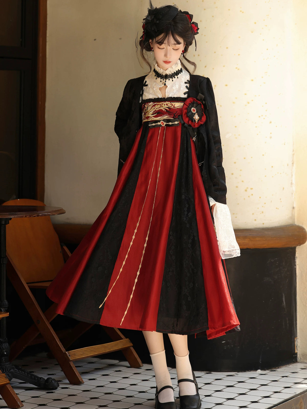 Three-piece Rococo modern Hanfu with black jacket and red skirt