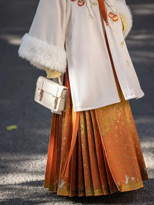 Orange modern hanfu dress for women, inspired by traditional Song Dynasty style and crafted from luxurious silk. This versatile hanfu includes a coordinating coat or jacket, making it ideal for winter wear, Chinese New Year celebrations, or casual outings. Suitable for events such as graduations and cosplay, this hanfu blends classic Chinese elegance with contemporary fashion, perfect for anyone looking for where to buy hanfu or shop authentic hanfu for sale. Available at our online hanfu shop, offering opt