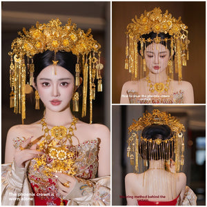Collage showing how to wear golden phoenix crown headdress for Chinese weddings, featuring front and back views.