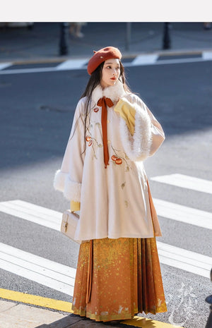Orange modern hanfu dress for women, inspired by traditional Song Dynasty style and crafted from luxurious silk. This versatile hanfu includes a coordinating coat or jacket, making it ideal for winter wear, Chinese New Year celebrations, or casual outings. Suitable for events such as graduations and cosplay, this hanfu blends classic Chinese elegance with contemporary fashion, perfect for anyone looking for where to buy hanfu or shop authentic hanfu for sale. Available at our online hanfu shop, offering opt