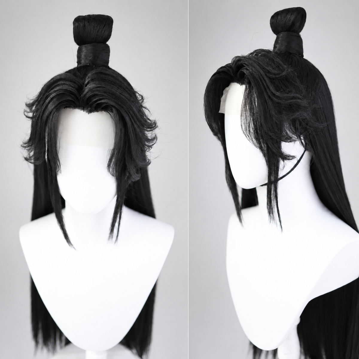 Warrior cosplay wig in black topknot style, front and side views