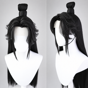 Warrior cosplay wig in black topknot style, front and side views