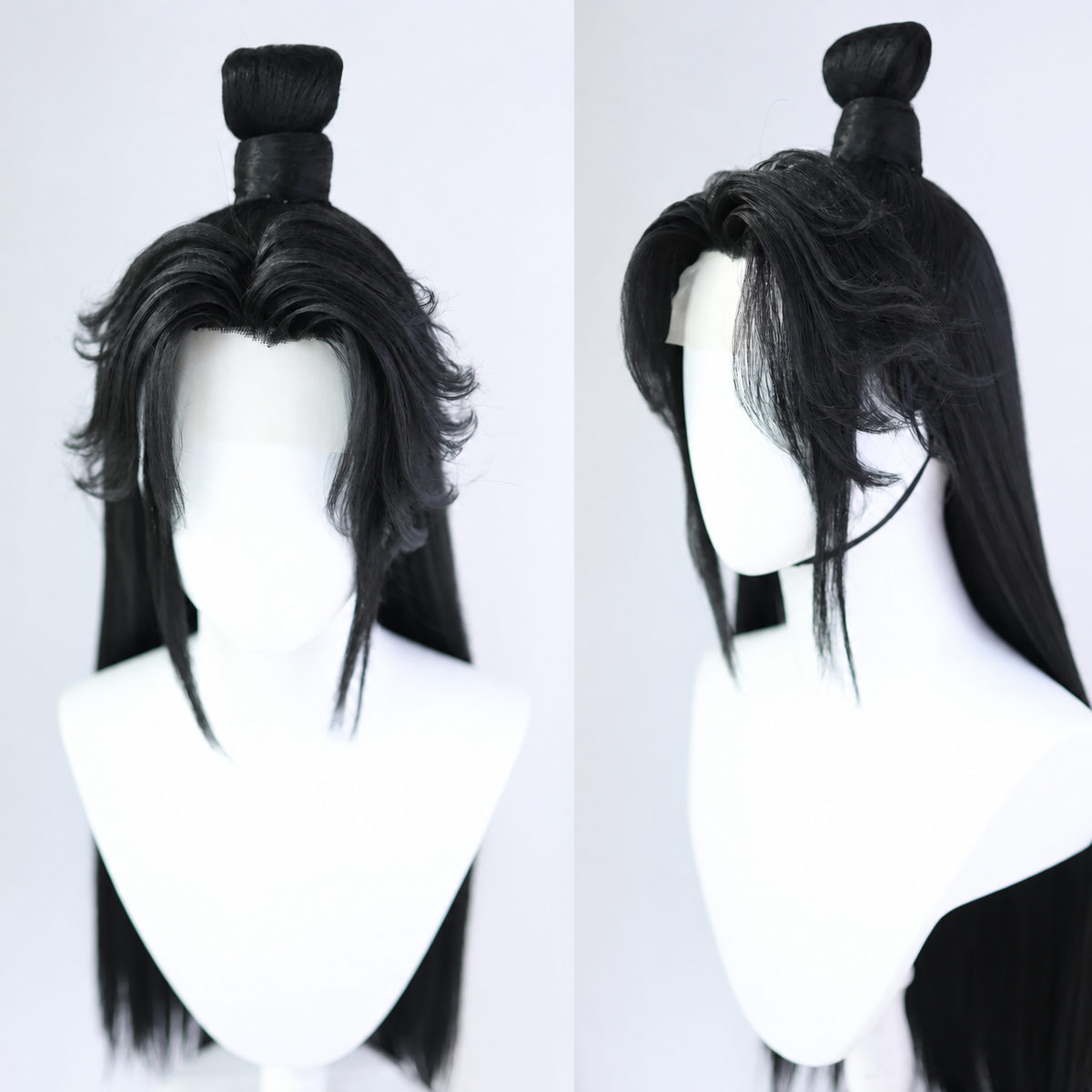 Warrior cosplay wig in black topknot style, front and side views